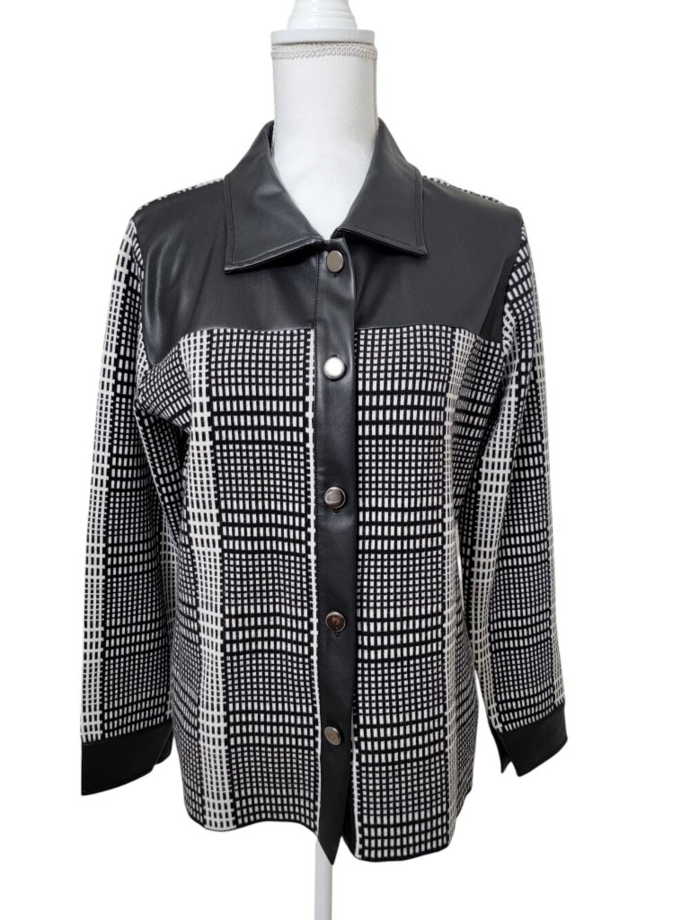 SIONI Size M Button Front Jacket, Faux Leather Yoke with Plaid Bodice/Sleeves